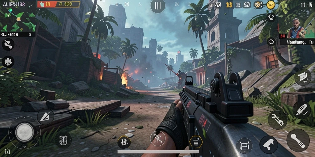 Screenshot utama ALIEN138 menampilkan aksi pertempuran TPS yang seru.