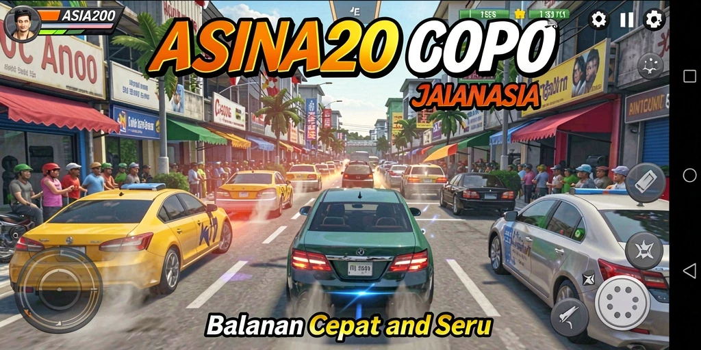 Screenshot gameplay ASIA200 dengan mobil balap yang melaju kencang.