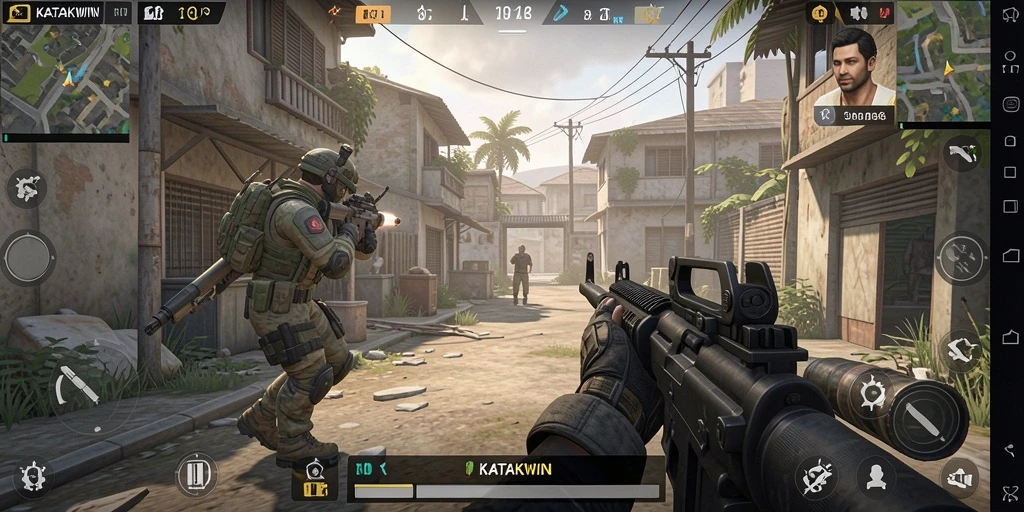 Tampilan gameplay yang mendebarkan dari KATAKWIN dengan aksi FPS.