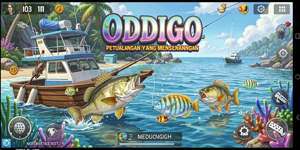 Gambar menampilkan pemain ODDIGO yang menangkap ikan besar di tengah laut.