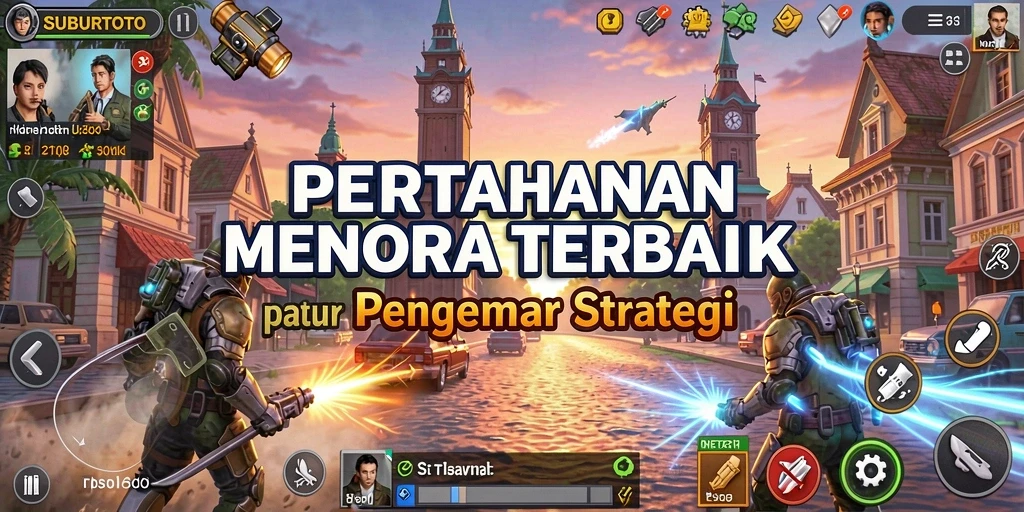 Screenshot gameplay SUBURTOTO dengan menara yang megah berfungsi mempertahankan wilayah.