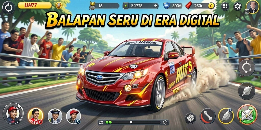 Tangkapan layar gameplay UH77 menampilkan mobil balap dalam aksi di lintasan.